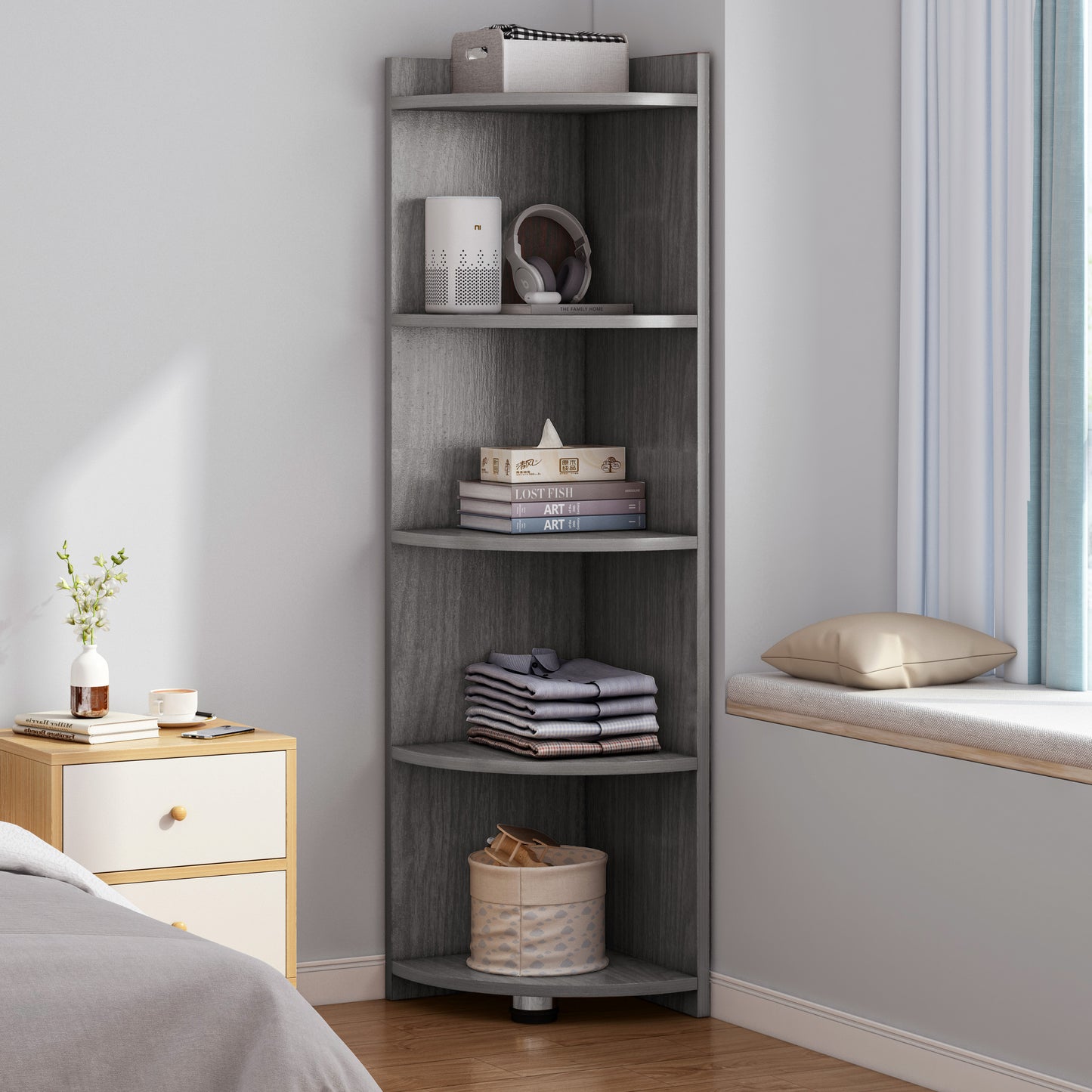 Inspire 5 Tier Stylish Wooden Corner Shelf Unit (Driftwood Grey)