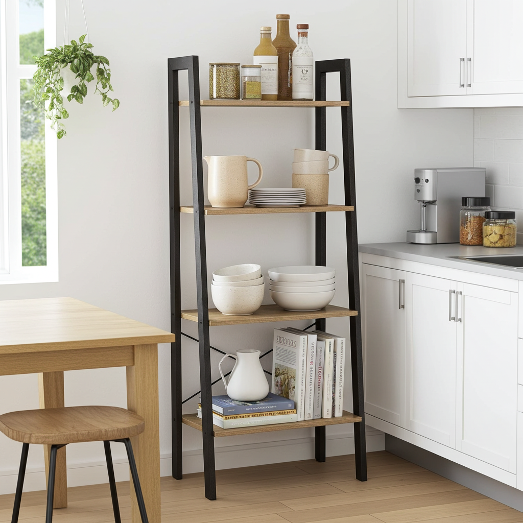 Elevate Rustic Oak 4-Tier Ladder Shelf Wood & Metal Bookcase Storage Organizer