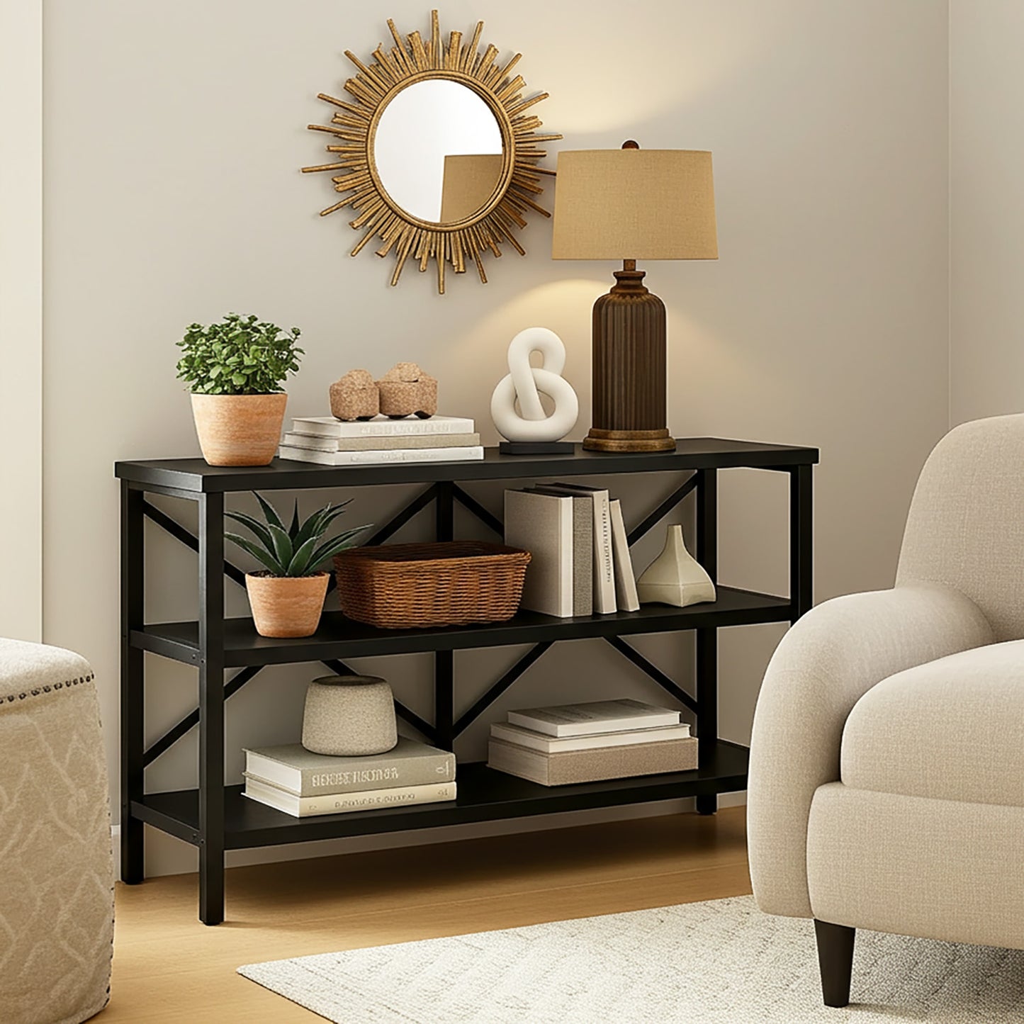 Serenity Industrial Console Table Bookcase TV Stand Storage Shelf Unit (Black)