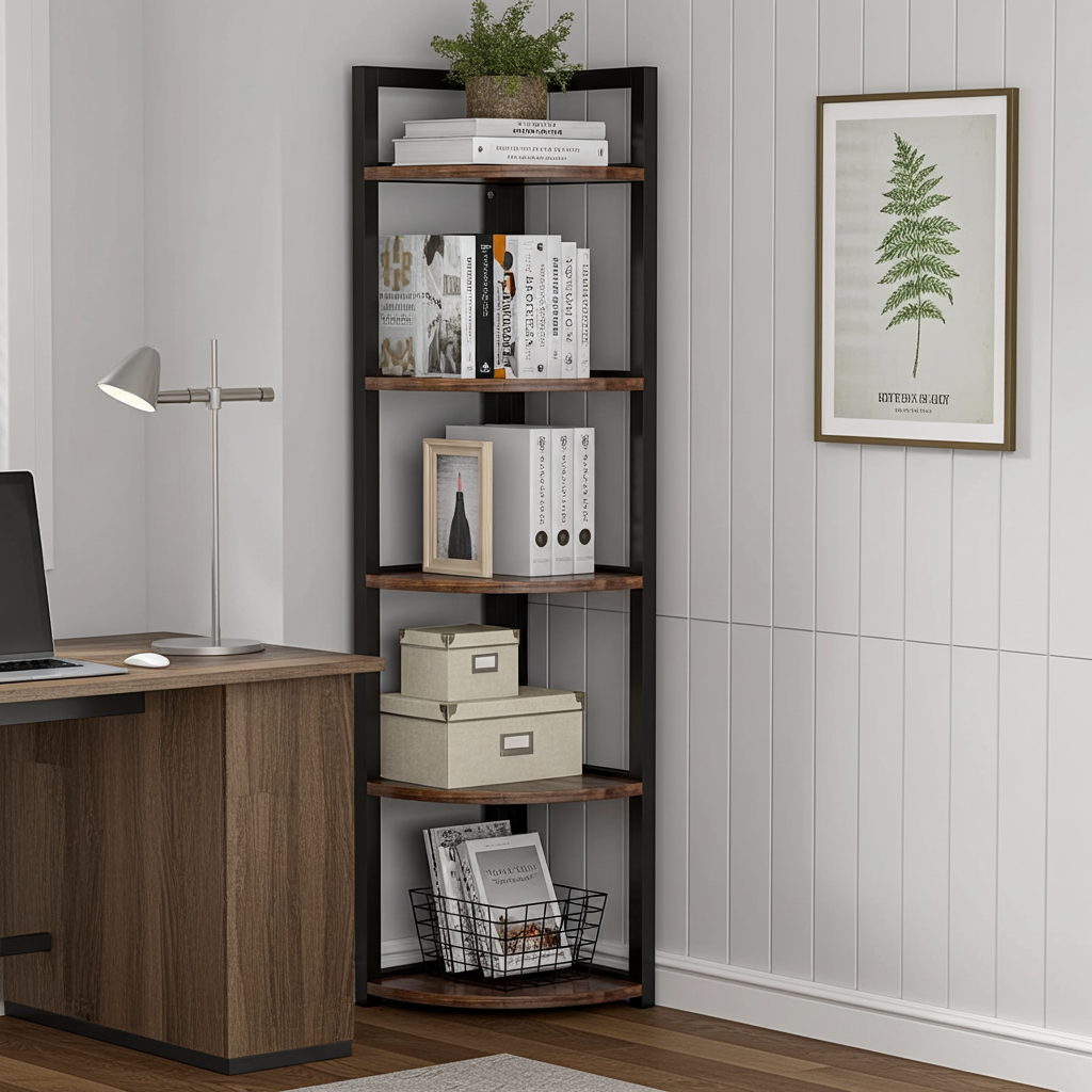 Optima 5 Tier Rustic Wood & Steel Corner Shelf Organizer Unit