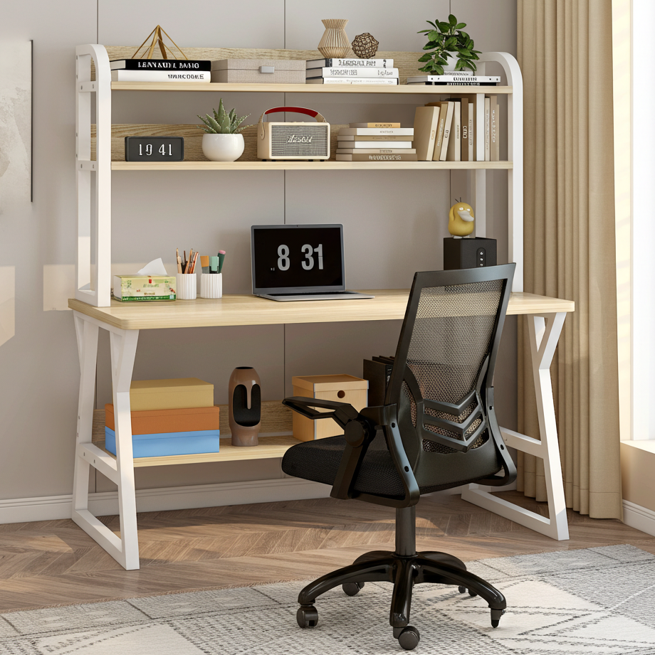 Aspire Large Industrial Office Computer Desk Workstation with Bookshelf (White Oak)