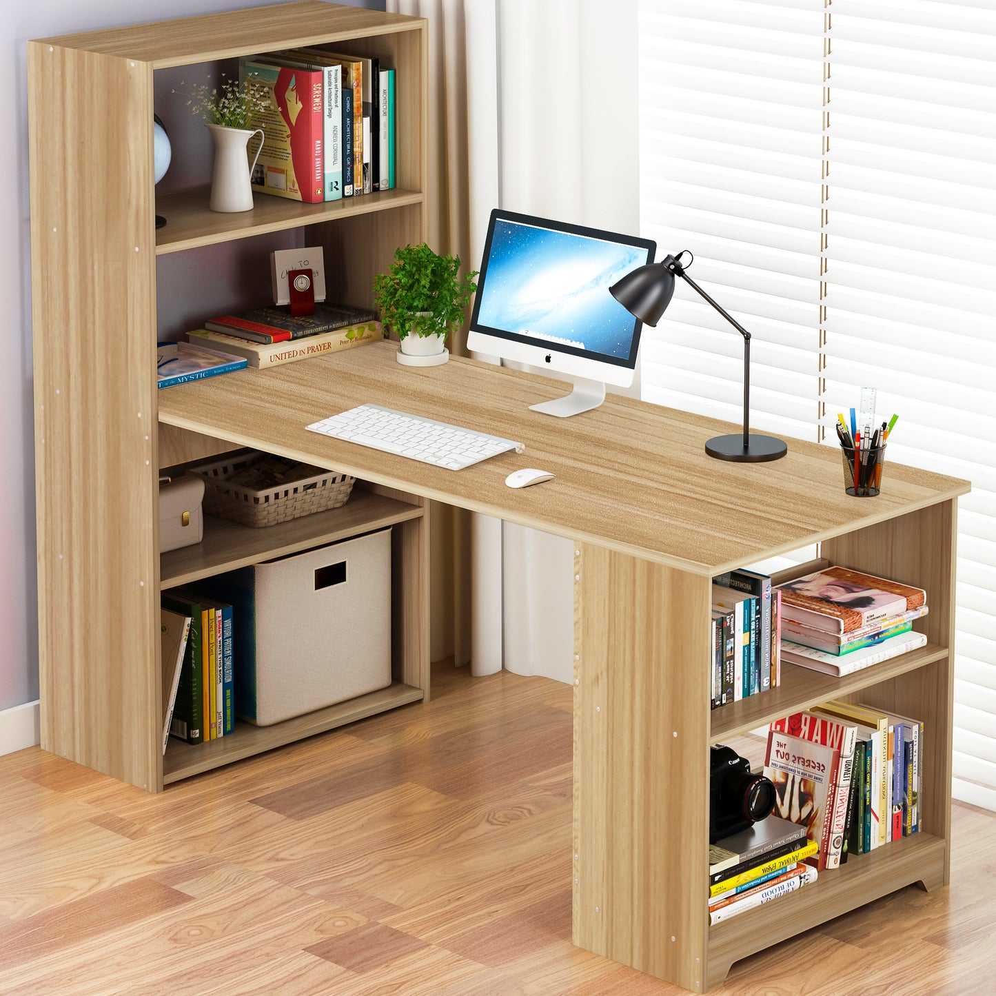 Varossa's Organizer Combination Workstation Computer Desk with 6 Storage Shelves (Oak)