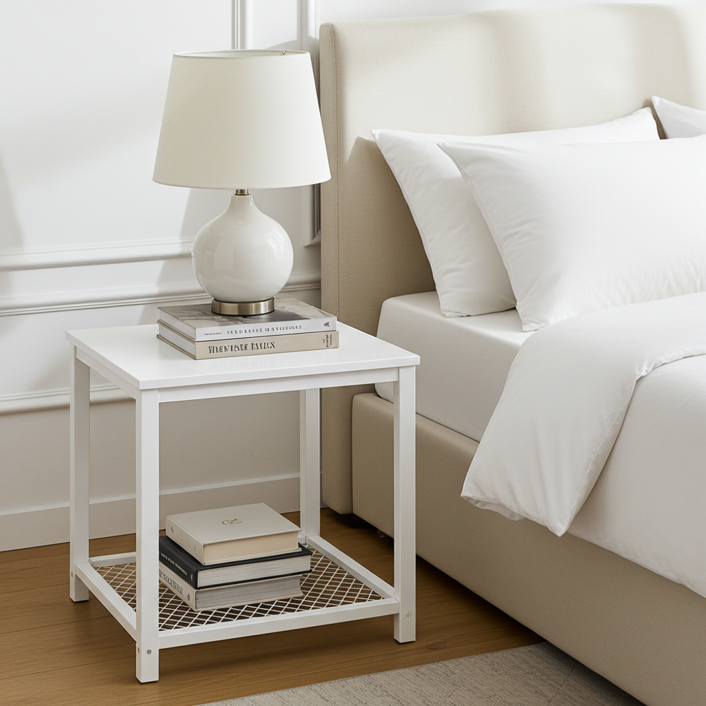 Loft White Industrial Wood & Steel Side Table with Storage Shelf