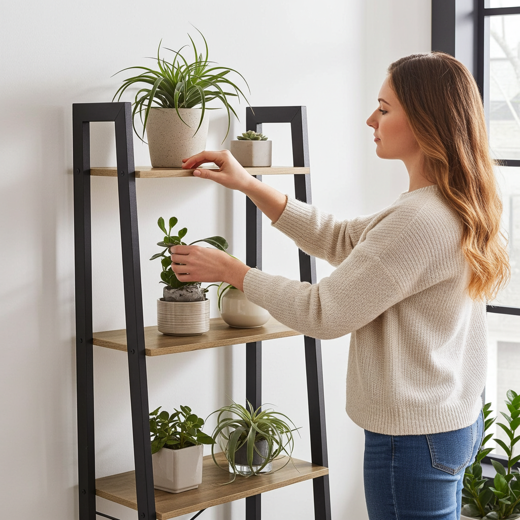 Elevate Rustic Oak 4-Tier Ladder Shelf Wood & Metal Bookcase Storage Organizer