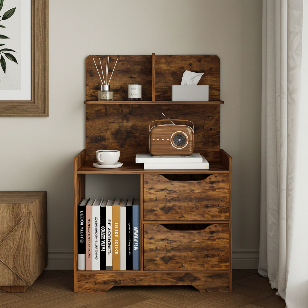 Harmony Tall Rustic Bed Side Table with Chest of Drawers and Shelf