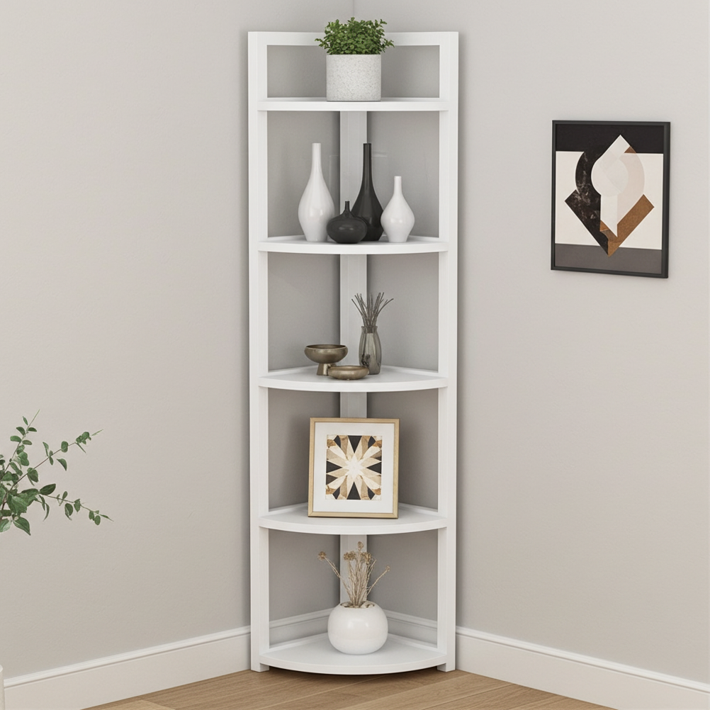 Optima 5 Tier Wood & Steel Corner Shelf Organizer Unit (White)