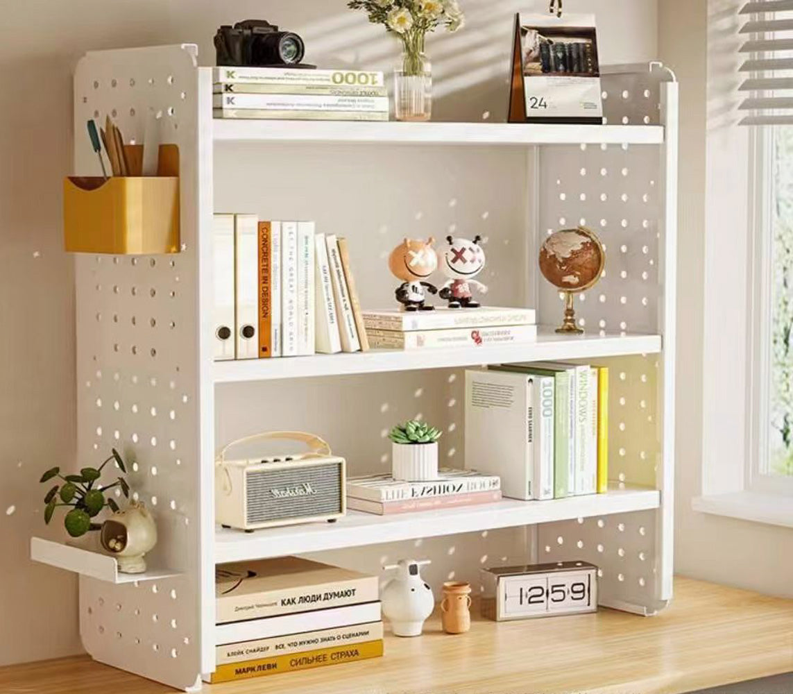 Multifunction Wooden Metal Desktop Bookshelf Pegboard Organizer Rack (White)