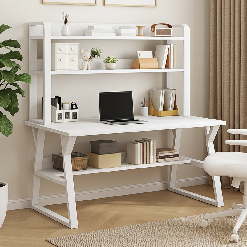Aspire Large Industrial Office Computer Desk Workstation with Bookshelf (White)
