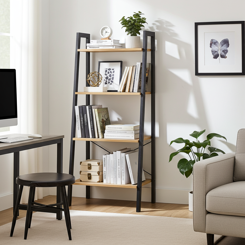 Elevate Rustic Oak 4-Tier Ladder Shelf Wood & Metal Bookcase Storage Organizer