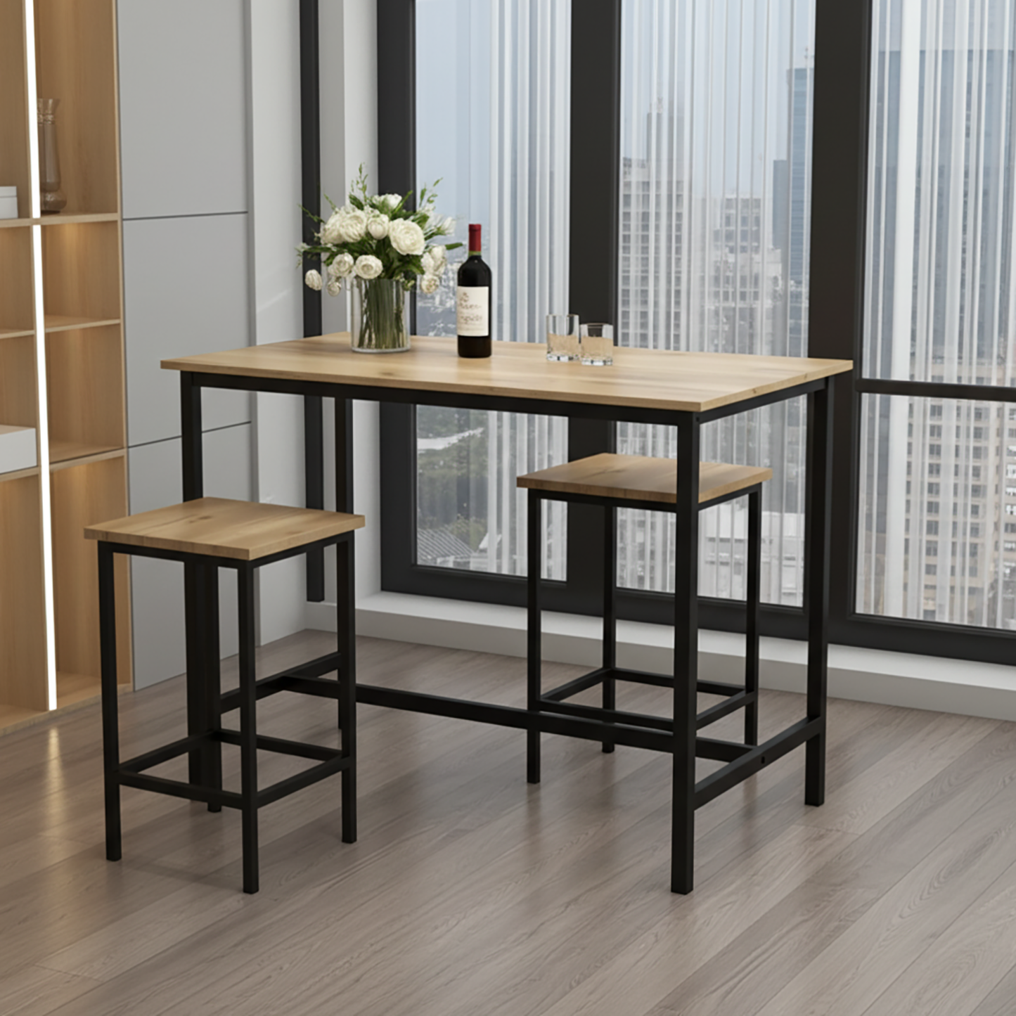 3 Piece Grandeur Premium Wood & Steel Bar Table and Stools Dinning Set (Rustic Oak)