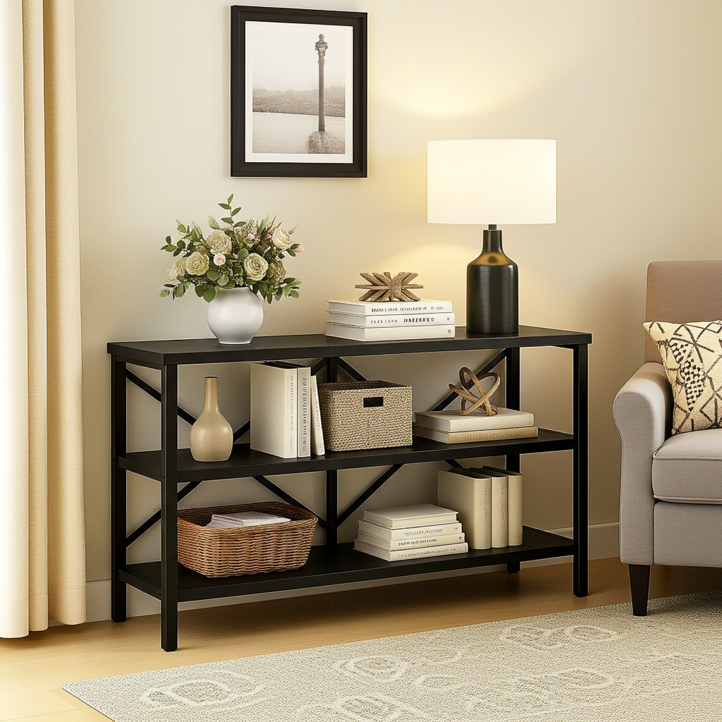 Serenity Industrial Console Table Bookcase TV Stand Storage Shelf Unit (Black)
