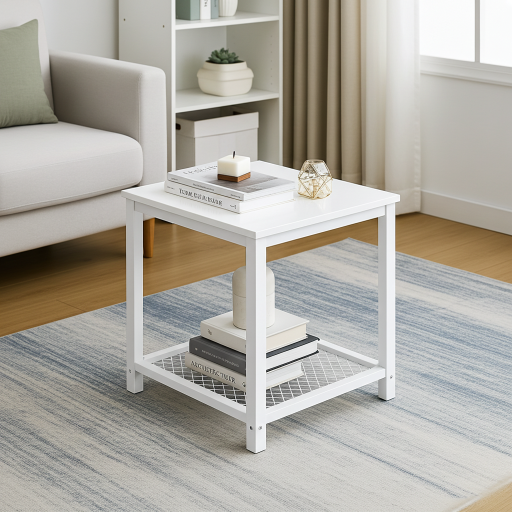 Loft White Industrial Wood & Steel Side Table with Storage Shelf