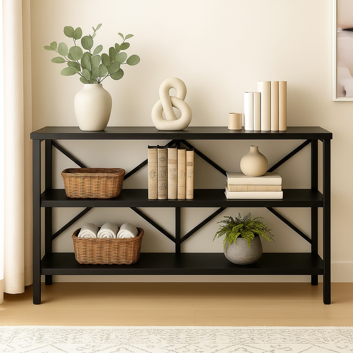 Serenity Industrial Console Table Bookcase TV Stand Storage Shelf Unit (Black)