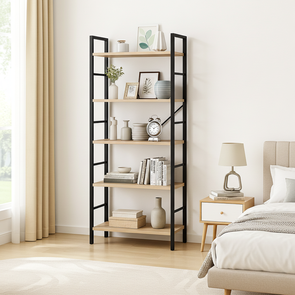 5 Tier Multifunction Heavy Duty Bookcase Wood & Steel Storage Shelf Organizer (Coastal Oak)