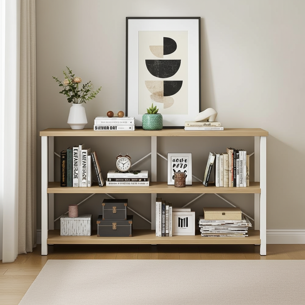 Serenity Industrial Console Table Bookcase TV Stand Storage Shelf Unit (Coastal Oak)