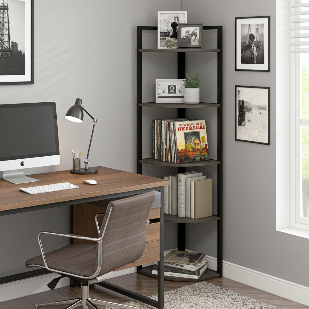 Optima 5 Tier Wood & Steel Corner Shelf Organizer Unit (Driftwood Grey)