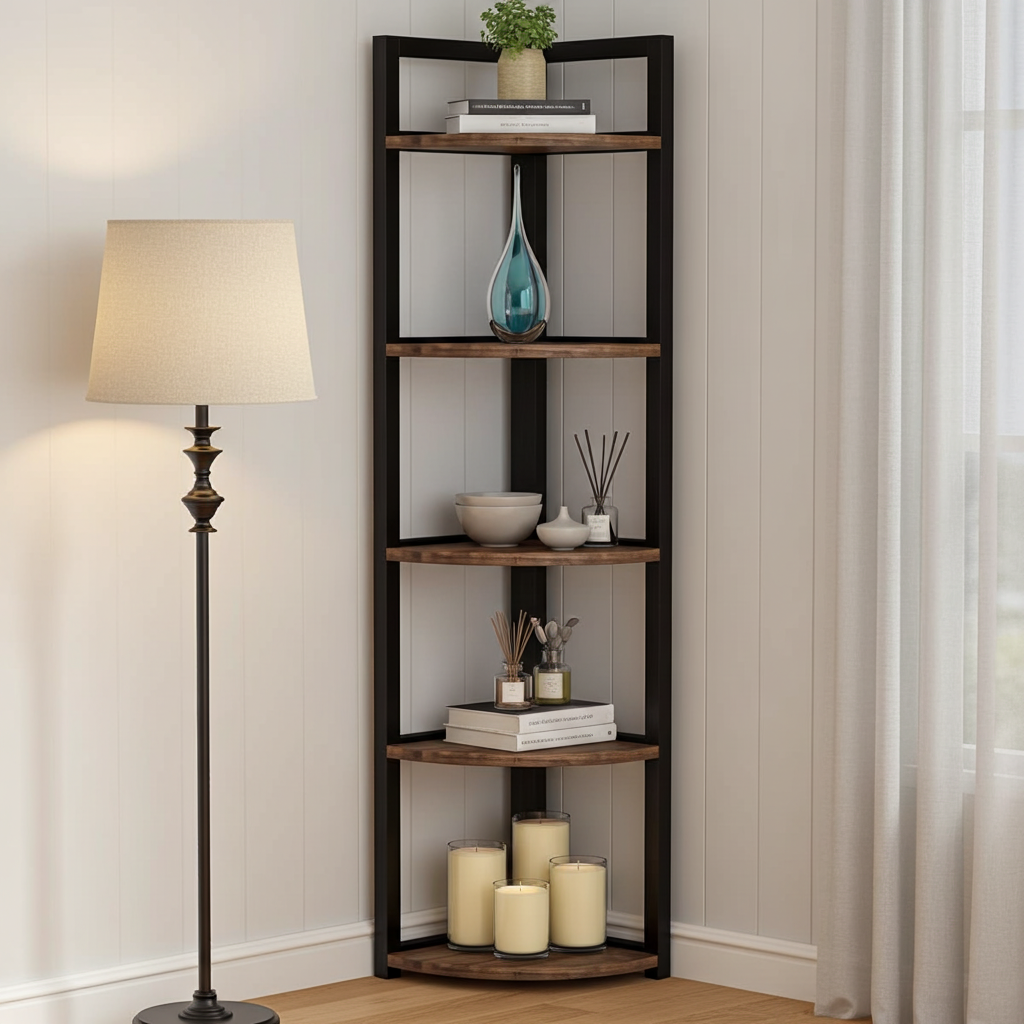 Optima 5 Tier Rustic Wood & Steel Corner Shelf Organizer Unit