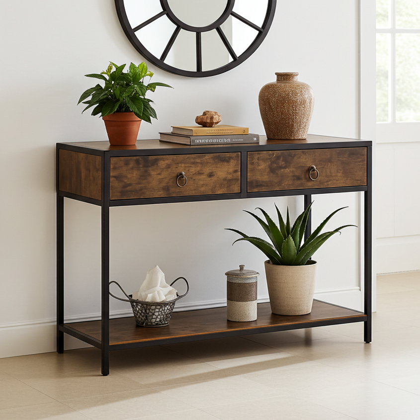 Essence Rustic Console Table with Drawers Hallway Entry Storage Shelf