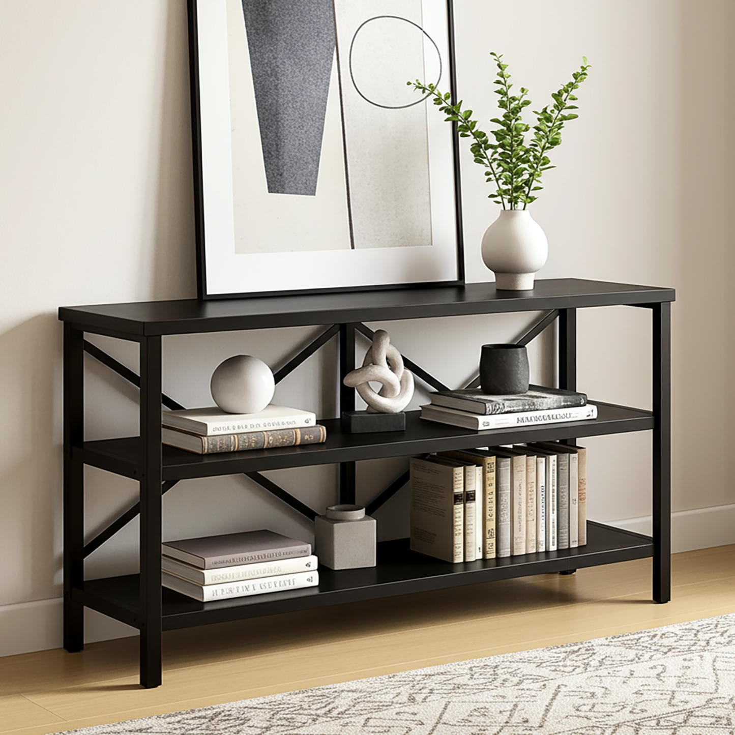 Serenity Industrial Console Table Bookcase TV Stand Storage Shelf Unit (Black)