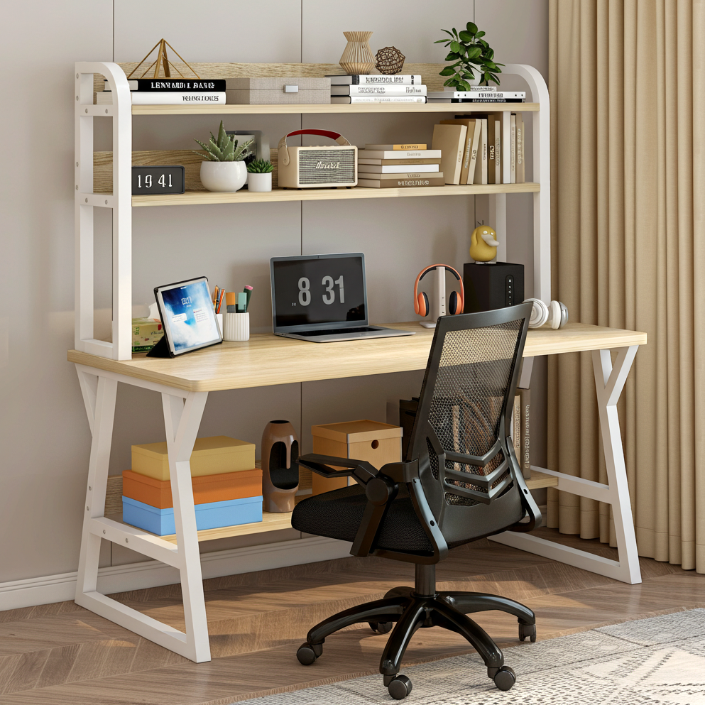 Aspire Large Industrial Office Computer Desk Workstation with Bookshelf (White Oak)