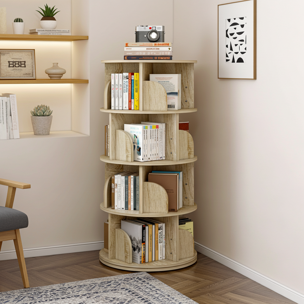 Sanctuary 360-degree Rotating 4 Tier Display Shelf Bookcase Organiser (Coastal Oak)