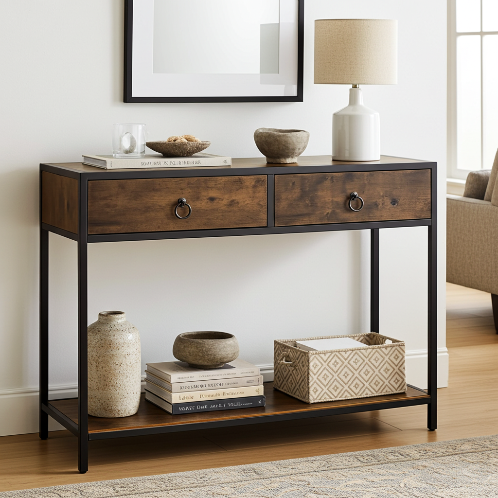 Essence Rustic Console Table with Drawers Hallway Entry Storage Shelf