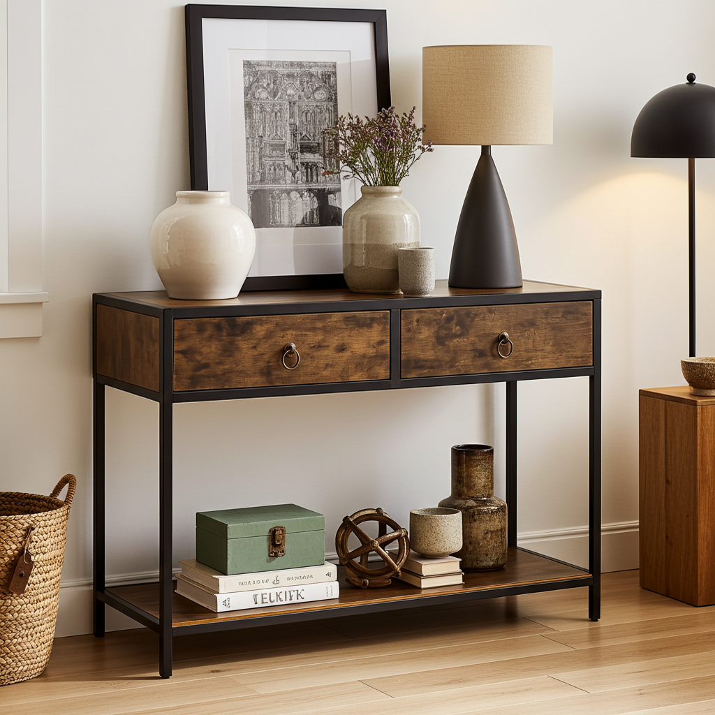 Essence Rustic Console Table with Drawers Hallway Entry Storage Shelf