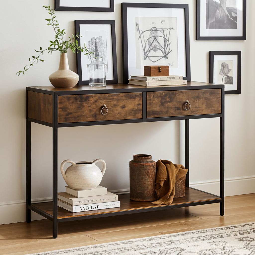 Essence Rustic Console Table with Drawers Hallway Entry Storage Shelf
