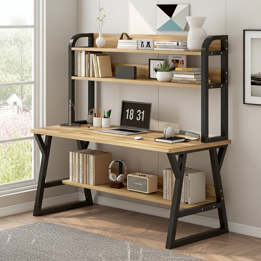 Aspire Large Industrial Office Computer Desk Workstation with Bookshelf (Oak)