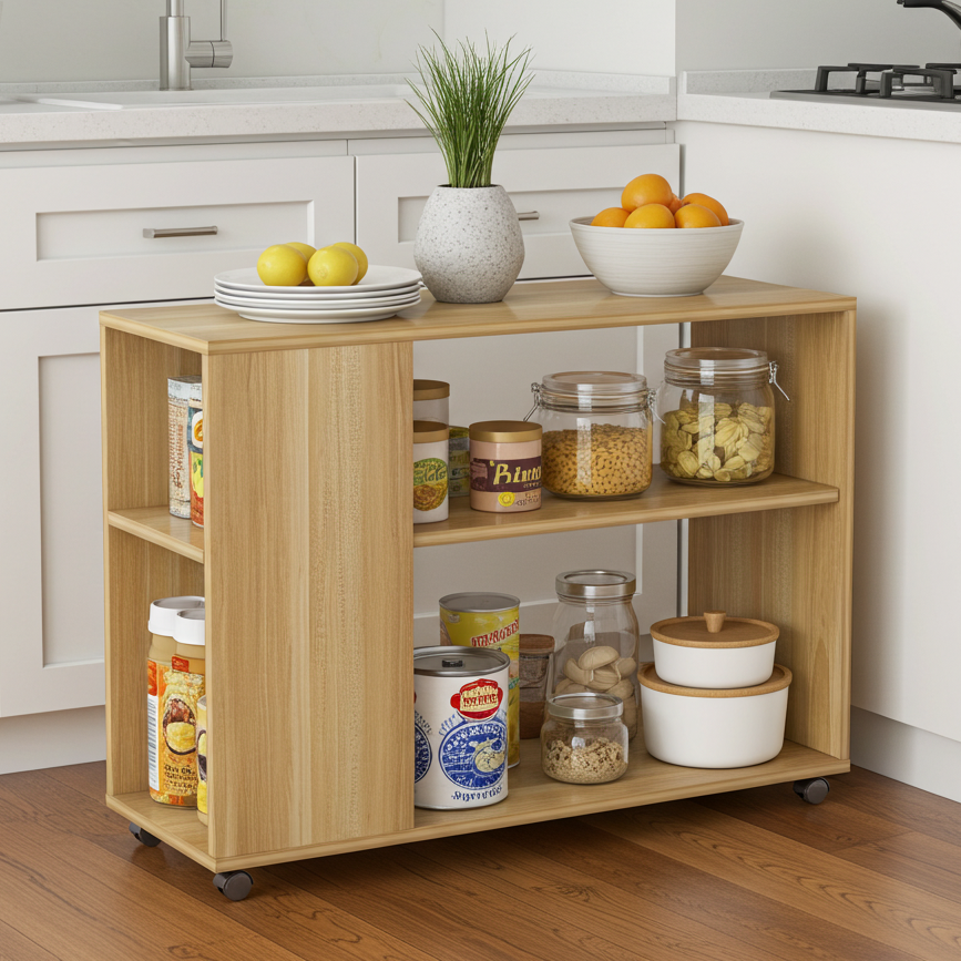Large Versatile Sofa Side Table & Magazine Shelf with Casters (Oak)