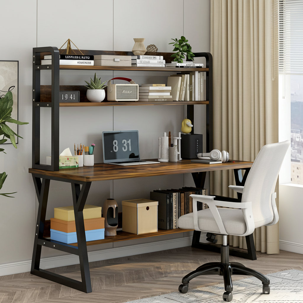 Aspire Large Industrial Office Computer Desk Workstation with Bookshelf (Rustic Wood)