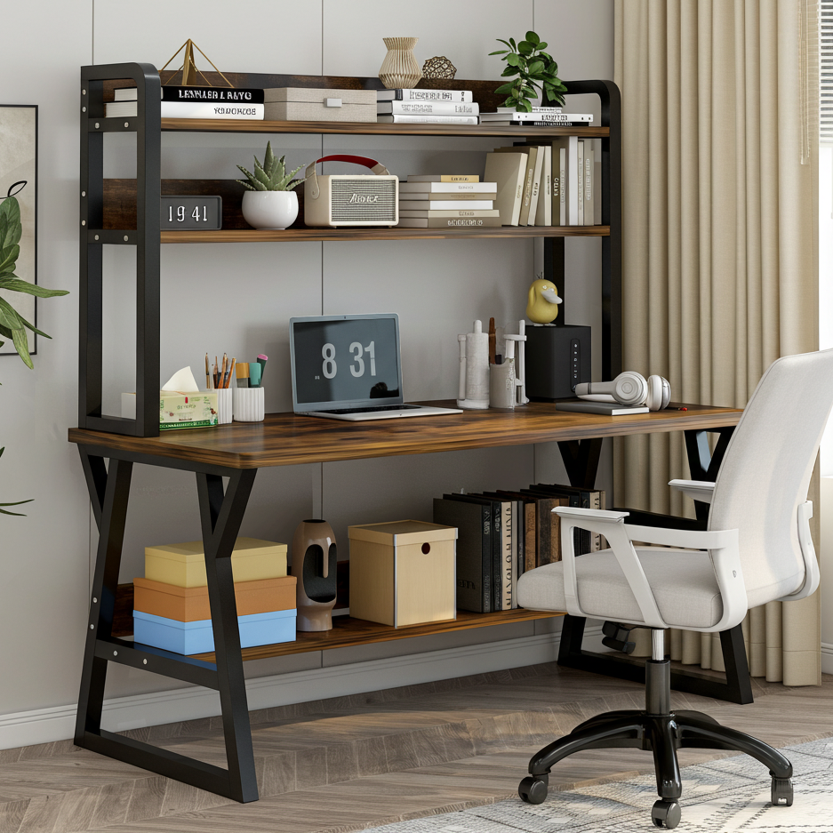 Aspire Large Industrial Office Computer Desk Workstation with Bookshelf (Rustic Wood)
