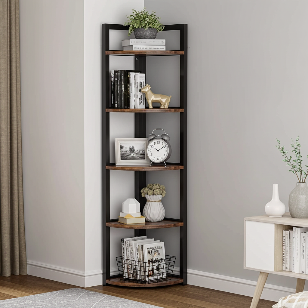 Optima 5 Tier Rustic Wood & Steel Corner Shelf Organizer Unit