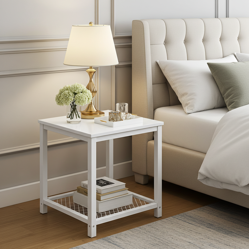 Loft White Industrial Wood & Steel Side Table with Storage Shelf