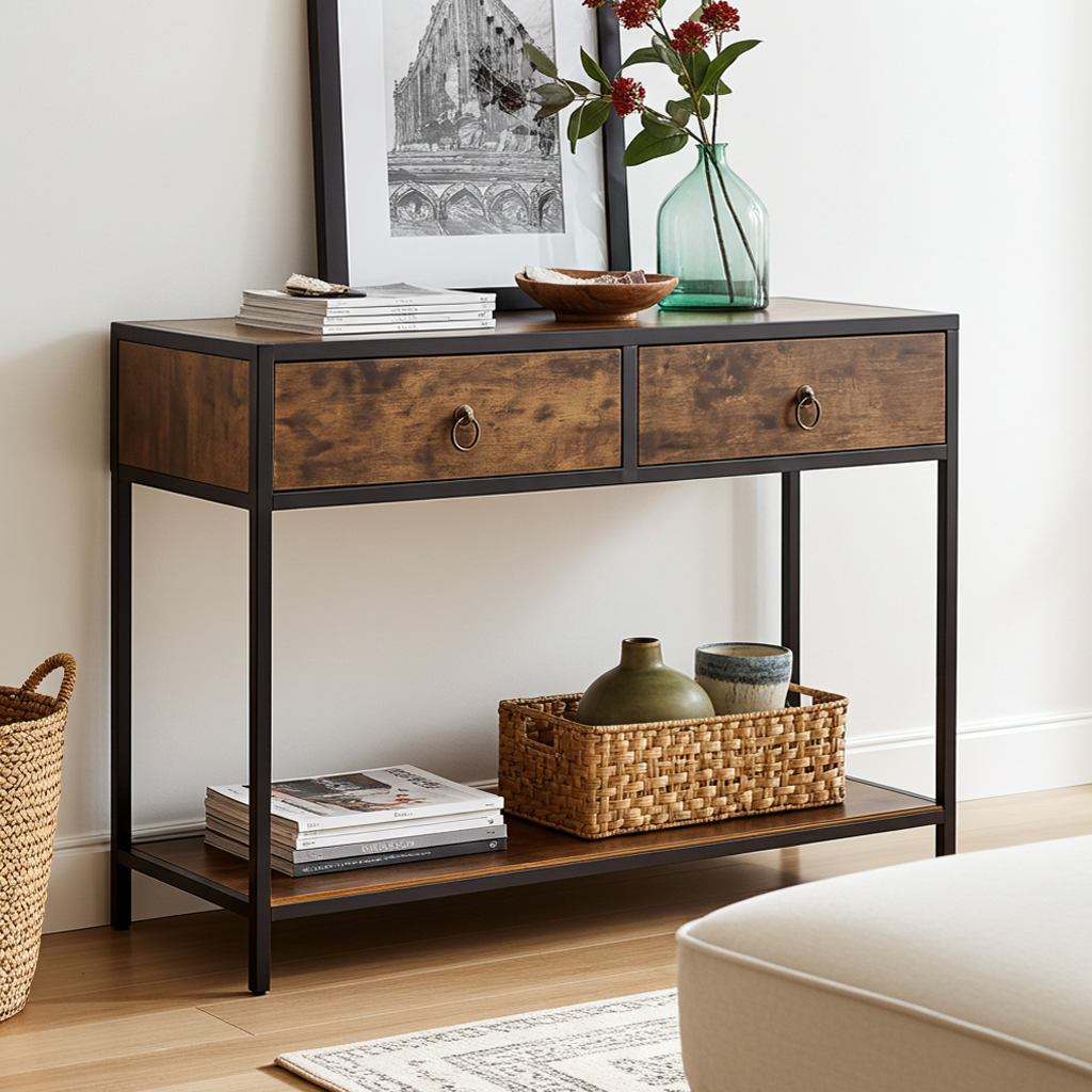 Essence Rustic Console Table with Drawers Hallway Entry Storage Shelf
