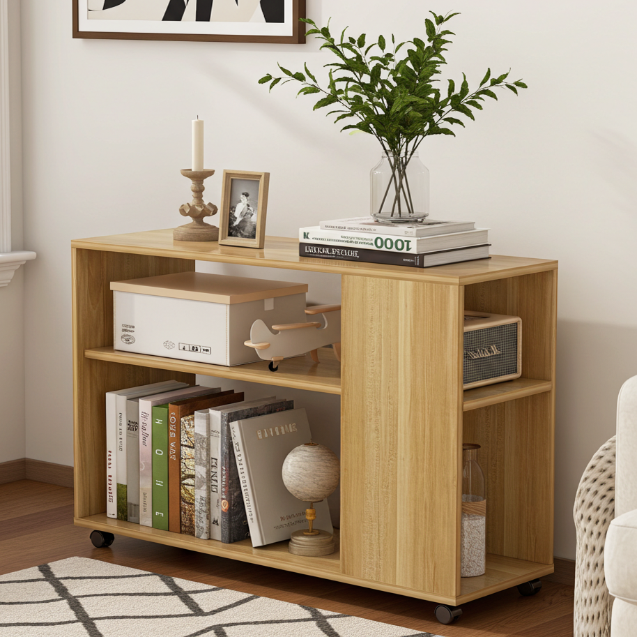 Large Versatile Sofa Side Table & Magazine Shelf with Casters (Oak)