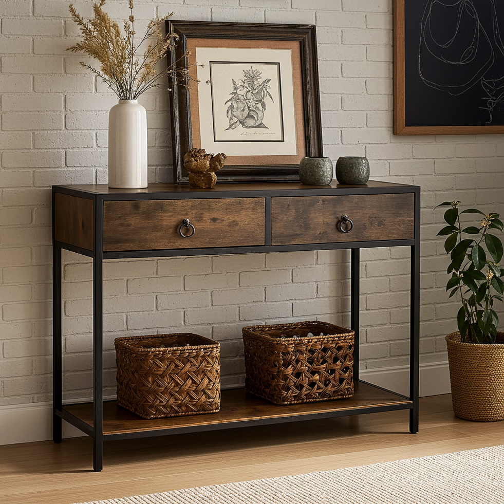 Essence Rustic Console Table with Drawers Hallway Entry Storage Shelf