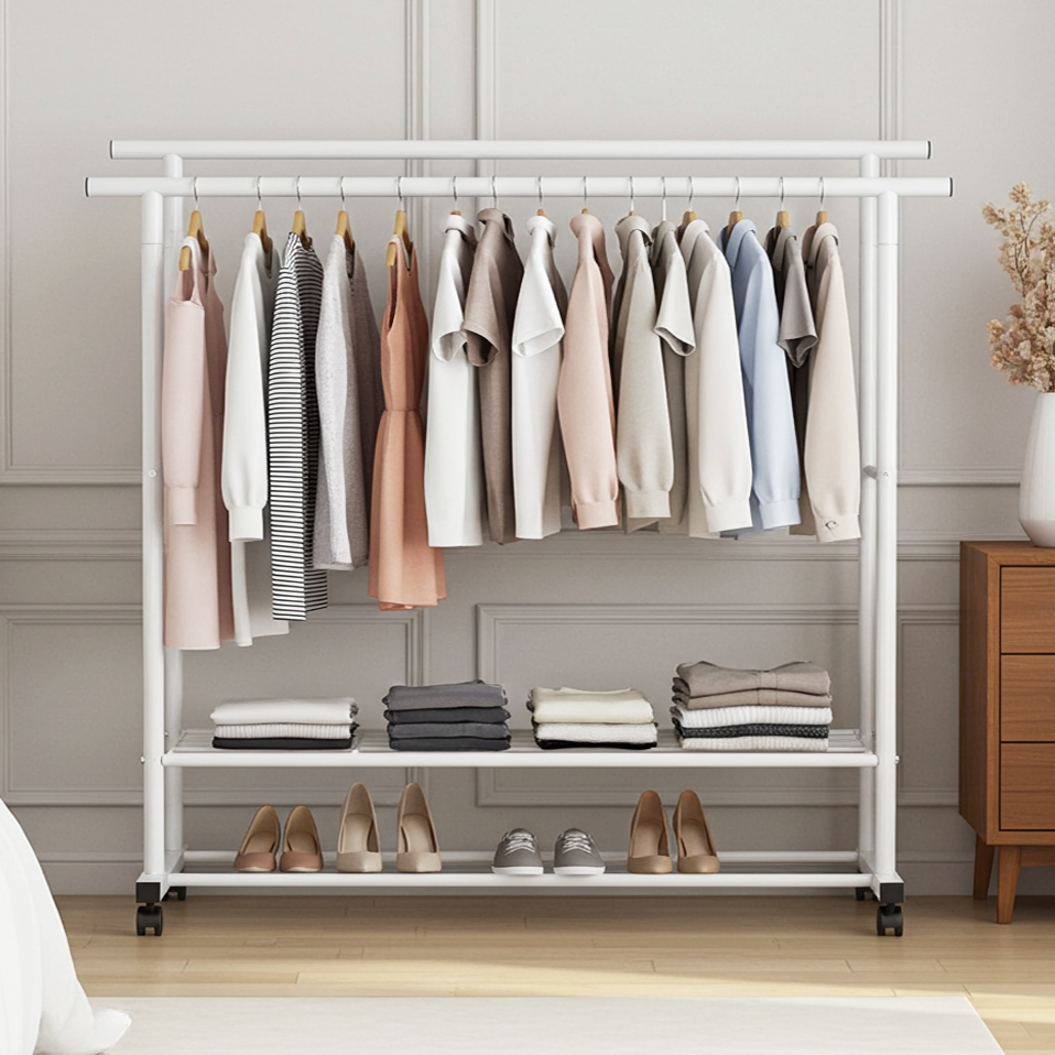 Large 1.5m Wide Double 2-Tier Coat Hanging Stand Wardrobe Clothes Hanger Rack (White)
