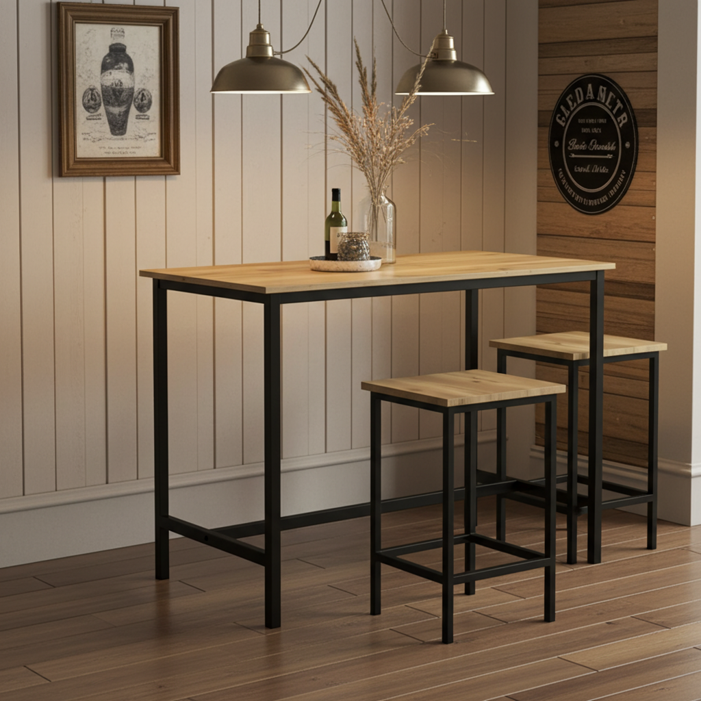 3 Piece Grandeur Premium Wood & Steel Bar Table and Stools Dinning Set (Rustic Oak)