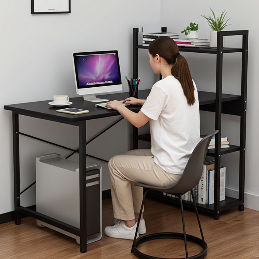 Exceeder Large Workstation Wood & Steel Computer Desk with Bookcase (Black Walnut)