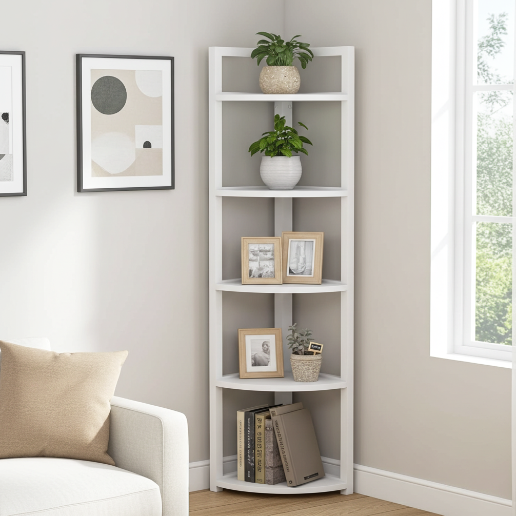 Optima 5 Tier Wood & Steel Corner Shelf Organizer Unit (White)