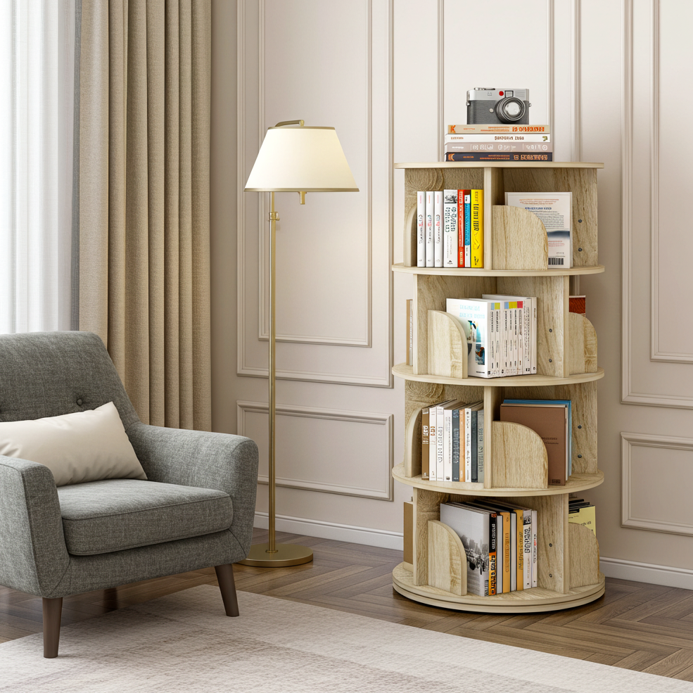 Sanctuary 360-degree Rotating 4 Tier Display Shelf Bookcase Organiser (Coastal Oak)