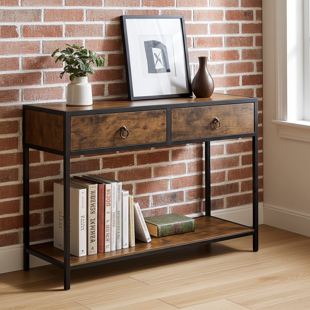 Essence Rustic Console Table with Drawers Hallway Entry Storage Shelf