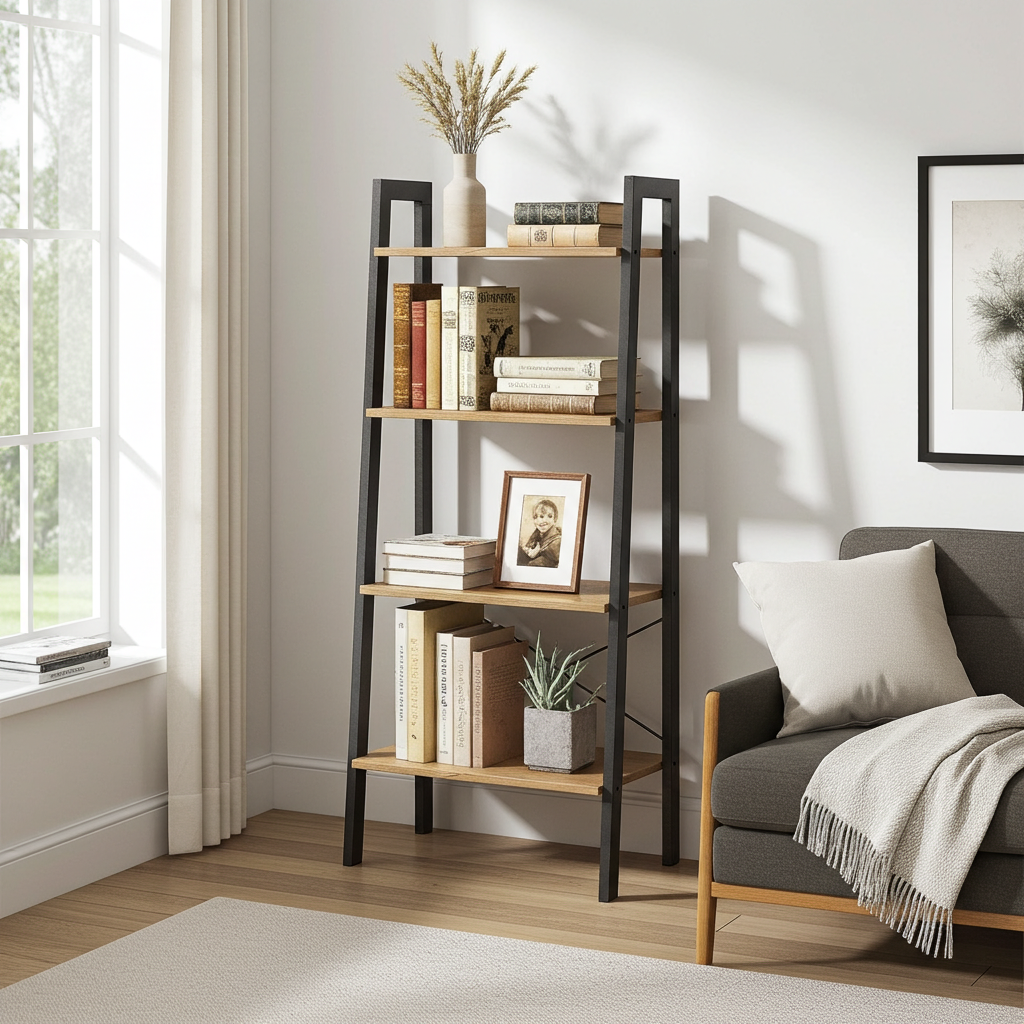 Elevate Rustic Oak 4-Tier Ladder Shelf Wood & Metal Bookcase Storage Organizer