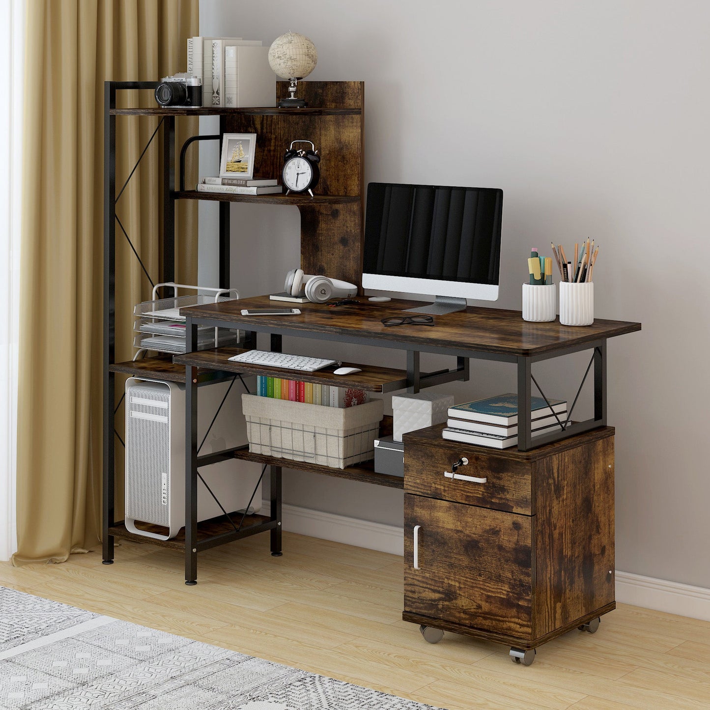 Prime Multi-function Computer Desk Workstation with Shelves & Cabinet (Rustic Wood)