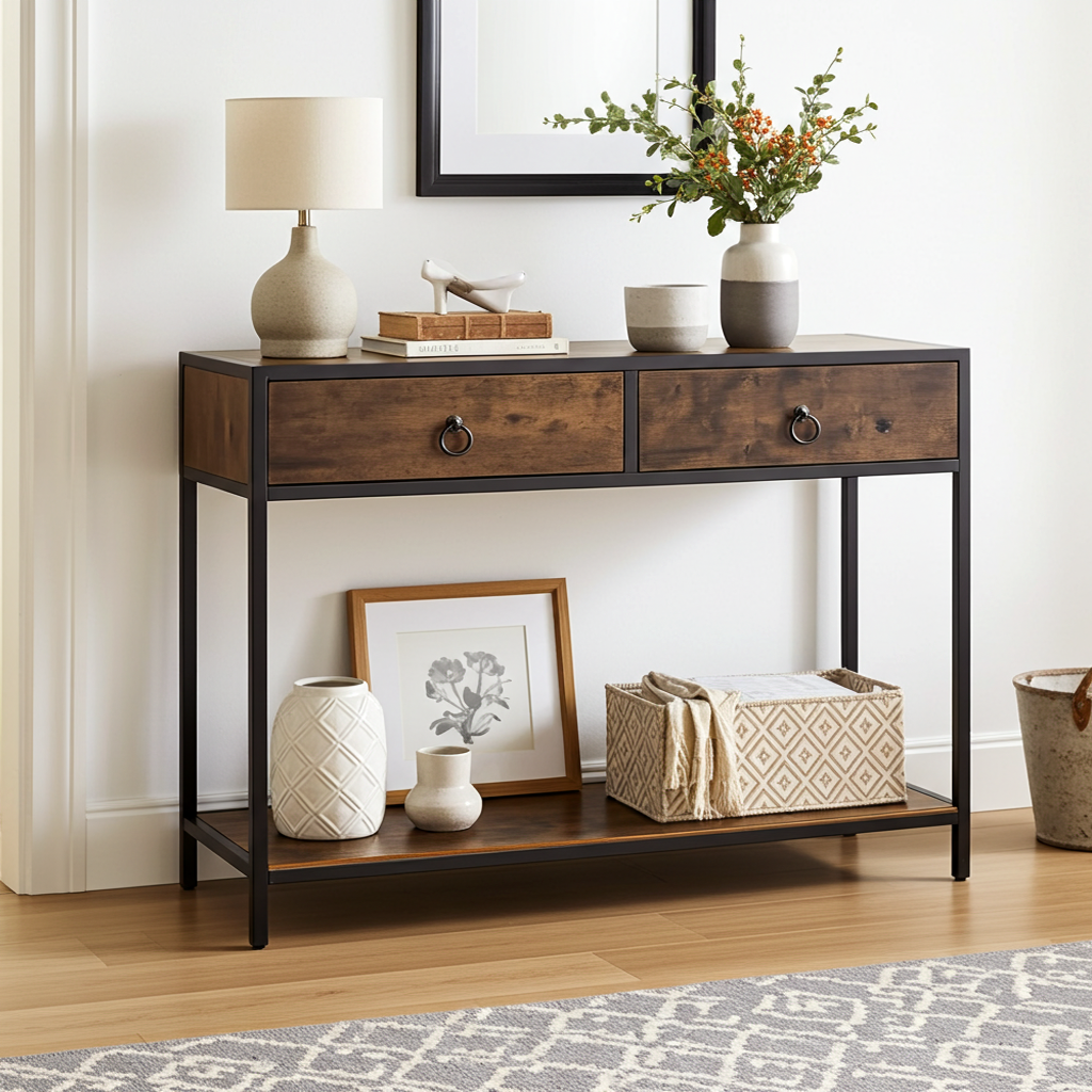 Essence Rustic Console Table with Drawers Hallway Entry Storage Shelf