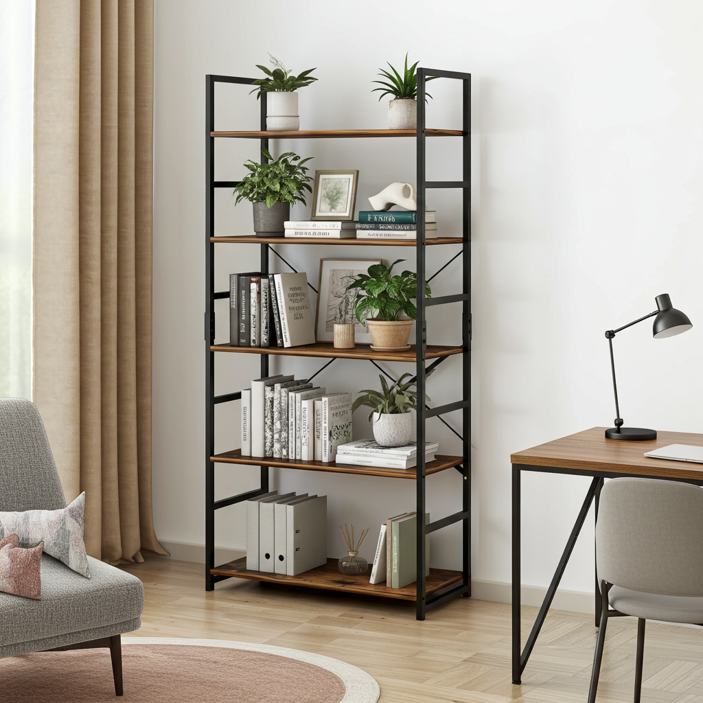 5 Tier Multifunction Heavy Duty Bookcase Rustic Wood & Steel Storage Shelf Organizer