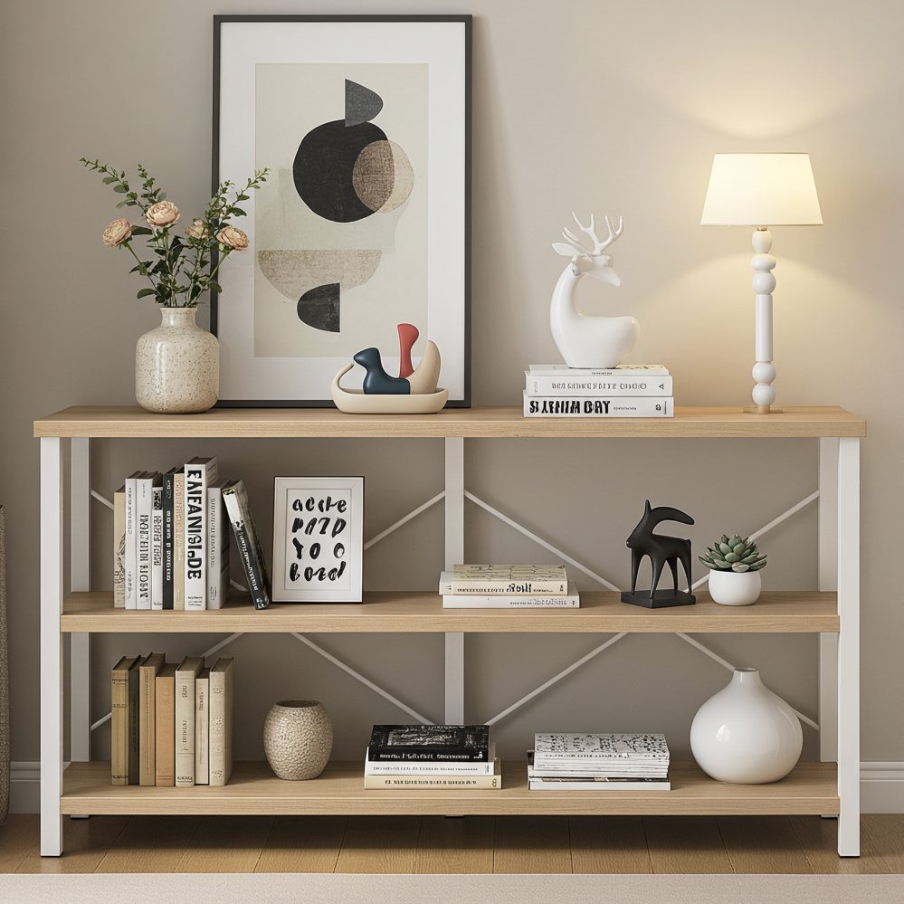 Serenity Industrial Console Table Bookcase TV Stand Storage Shelf Unit (Coastal Oak)