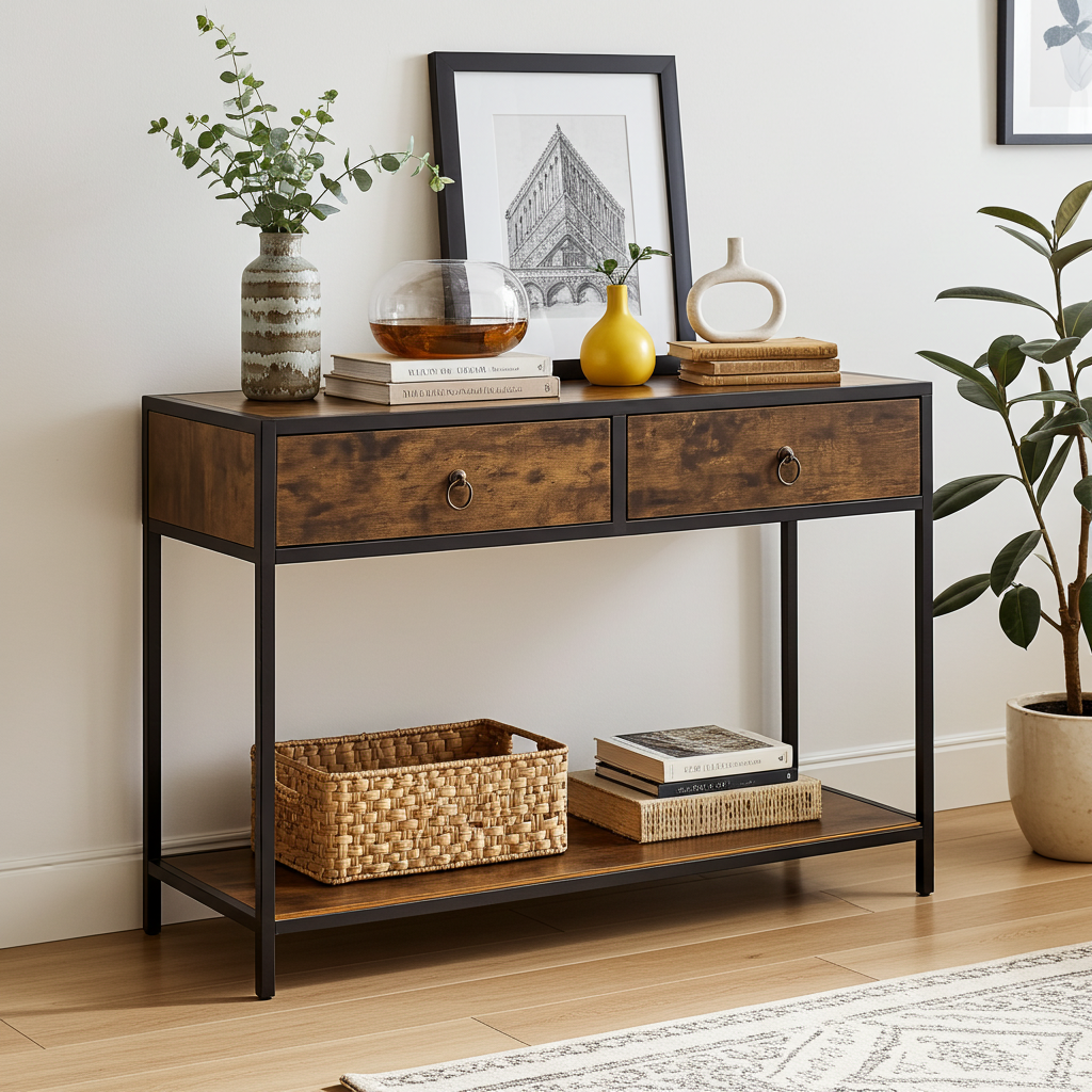 Essence Rustic Console Table with Drawers Hallway Entry Storage Shelf