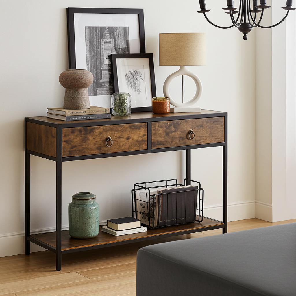 Essence Rustic Console Table with Drawers Hallway Entry Storage Shelf
